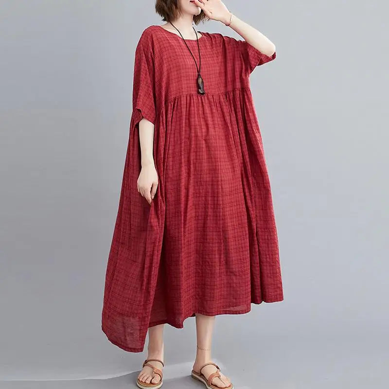 SheVogue 2025 | Plus Size Vintage Plaid Cotton Summer Dress – Oversized & Breathable – 4XL 5XL 6XL Casual Beachwear for Women