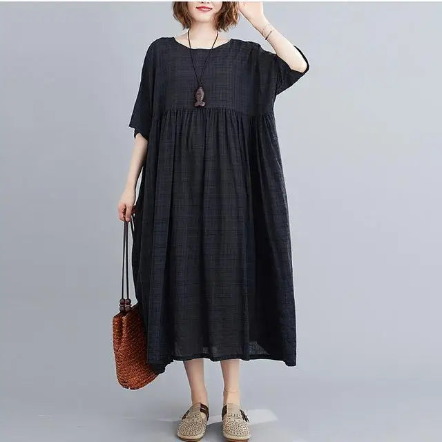 SheVogue 2025 | Plus Size Vintage Plaid Cotton Summer Dress – Oversized & Breathable – 4XL 5XL 6XL Casual Beachwear for Women