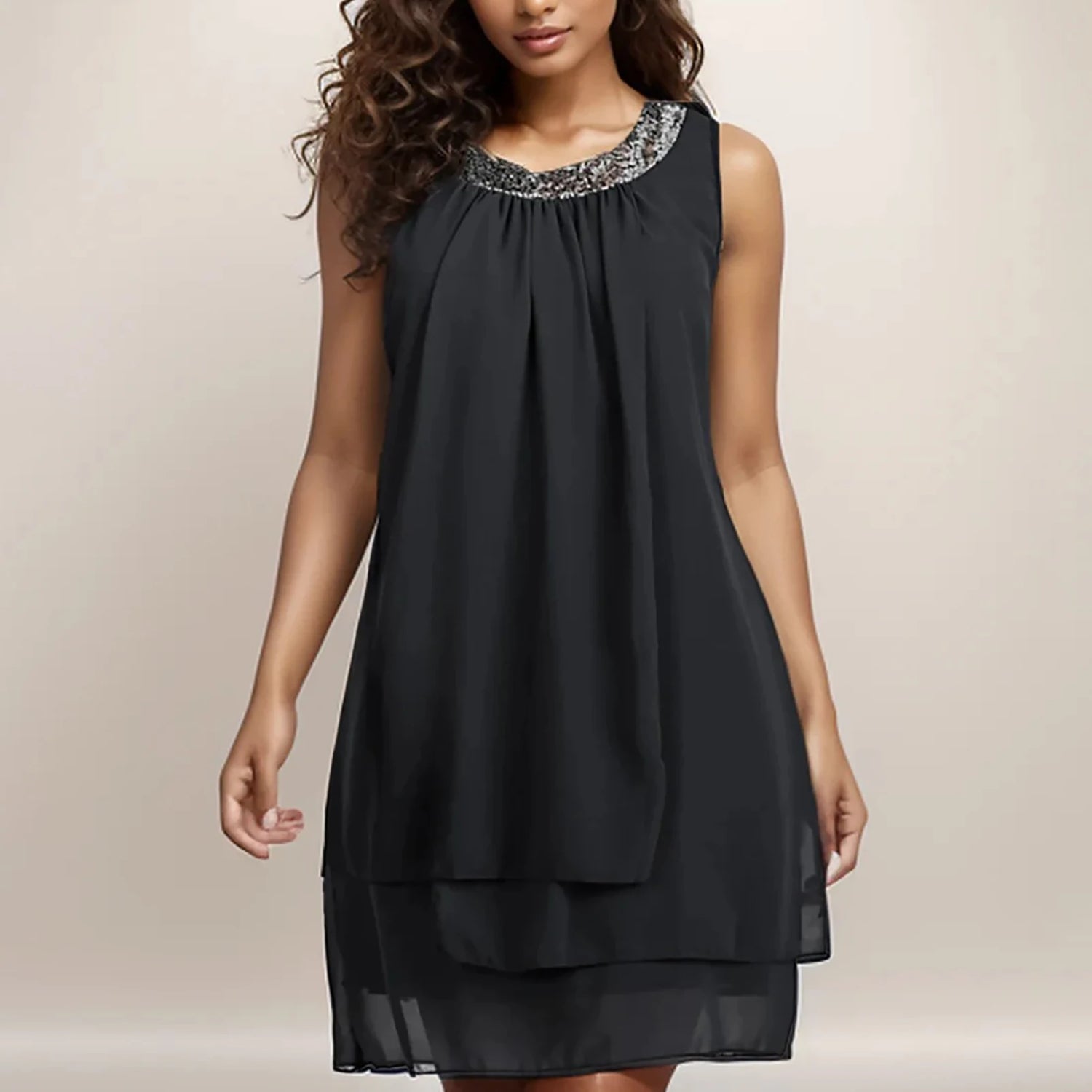 SheVogue Plus Size Women's Shift Dress – Elegant Sleeveless Knee-Length Layered Summer Dress 2025 | Solid Colors: Black, Purple, Navy Blue