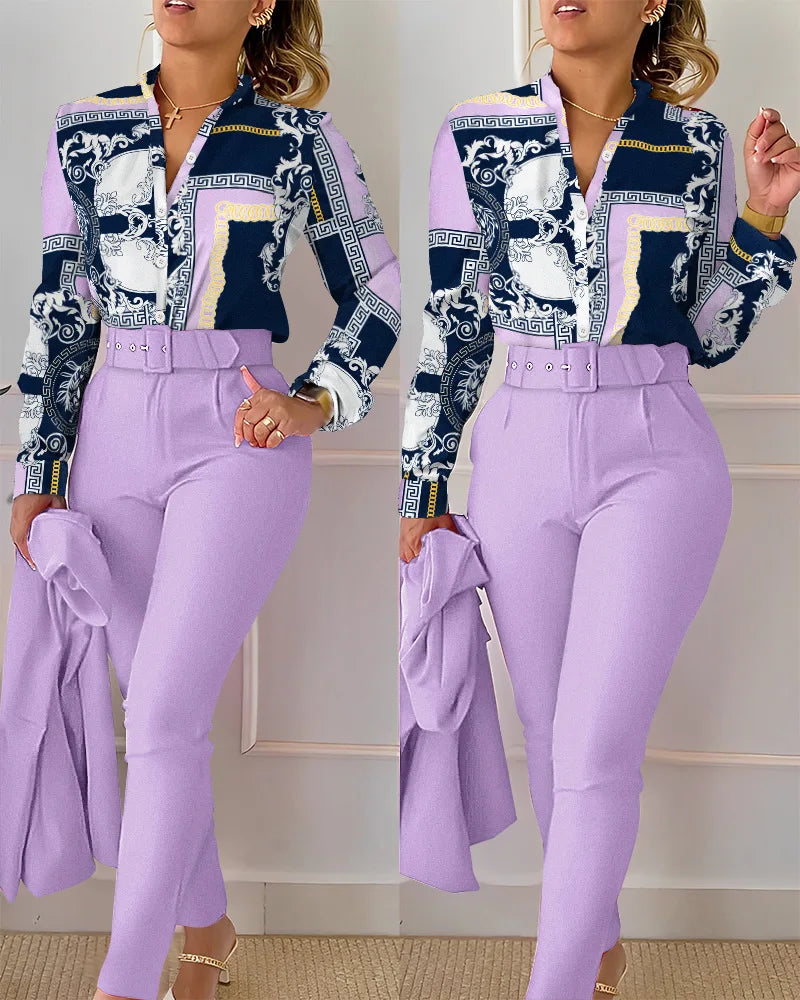 SheVogue 2PCS Floral Office Set – V-Neck Long Sleeve Shirt & Printed Trousers