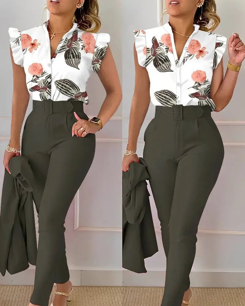 SheVogue Floral V-Neck Blazer Set – Elegant 2-Piece Summer Office Outfit for Women