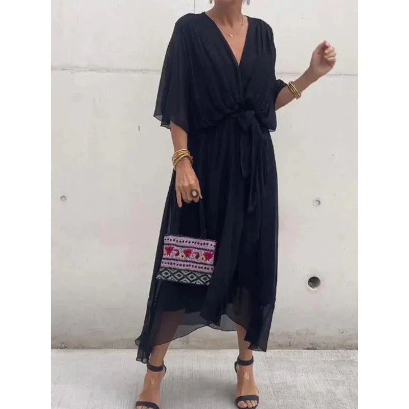 "SheVogue Premium Crossover Deep V Neck Dress | Elegant Bat Sleeve with Sheer Mesh Hem Long Gown – Chic for Office & Casual"
