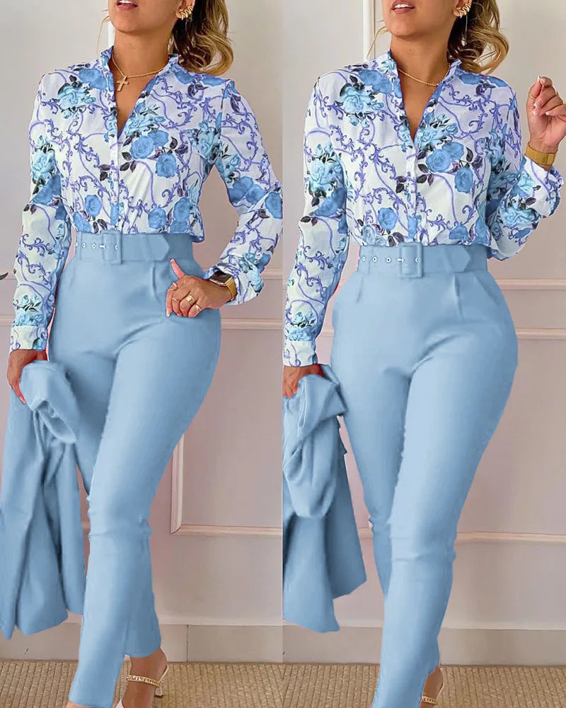 SheVogue 2PCS Floral Office Set – V-Neck Long Sleeve Shirt & Printed Trousers