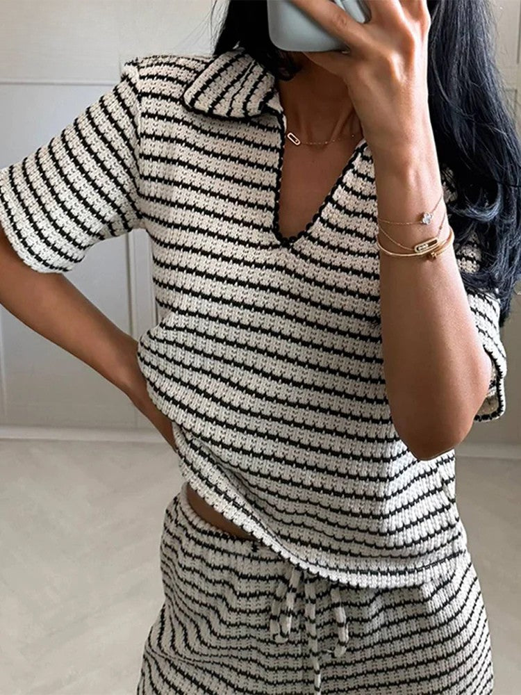 2025 Elegant Striped Knit Two-Piece Set for Women – V-Neck Short Sleeve Top & Wide Leg Drawstring Pants