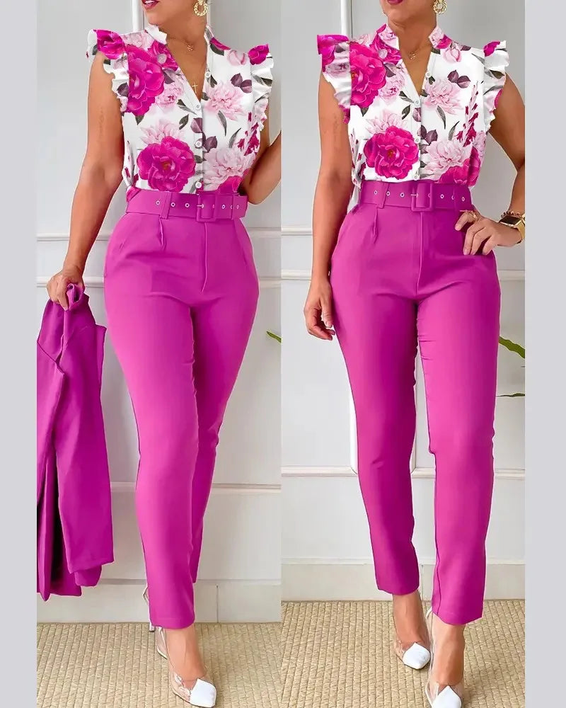SheVogue Floral V-Neck Blazer Set – Elegant 2-Piece Summer Office Outfit for Women