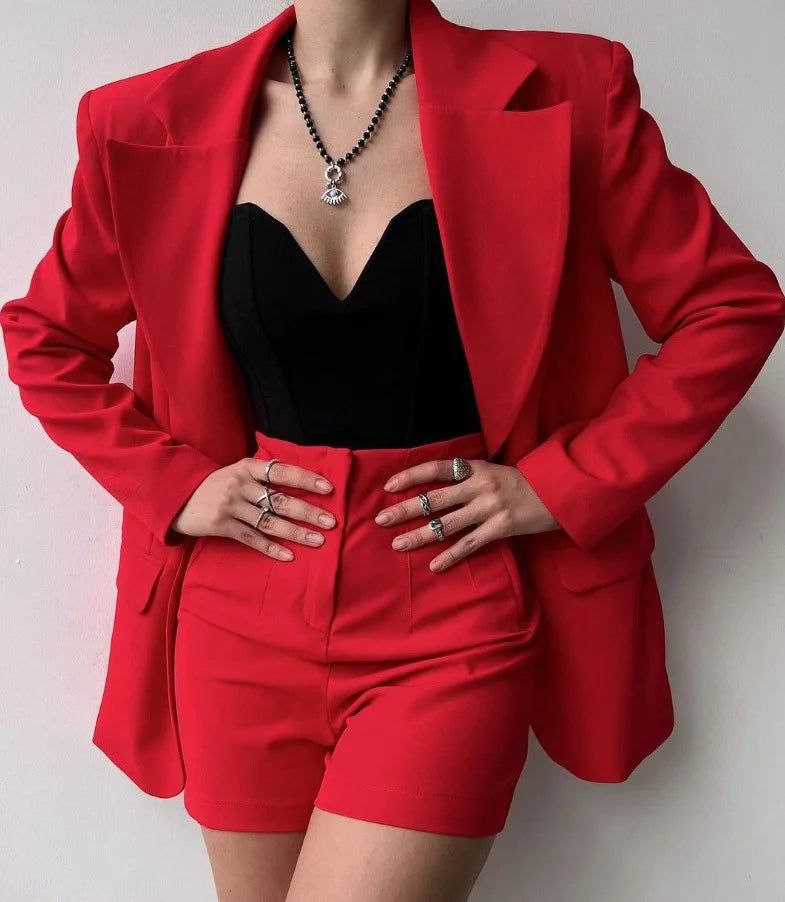 SheVogue 2PCS Office Lady Shorts Set – One-Button Blazer & Zipper Shorts