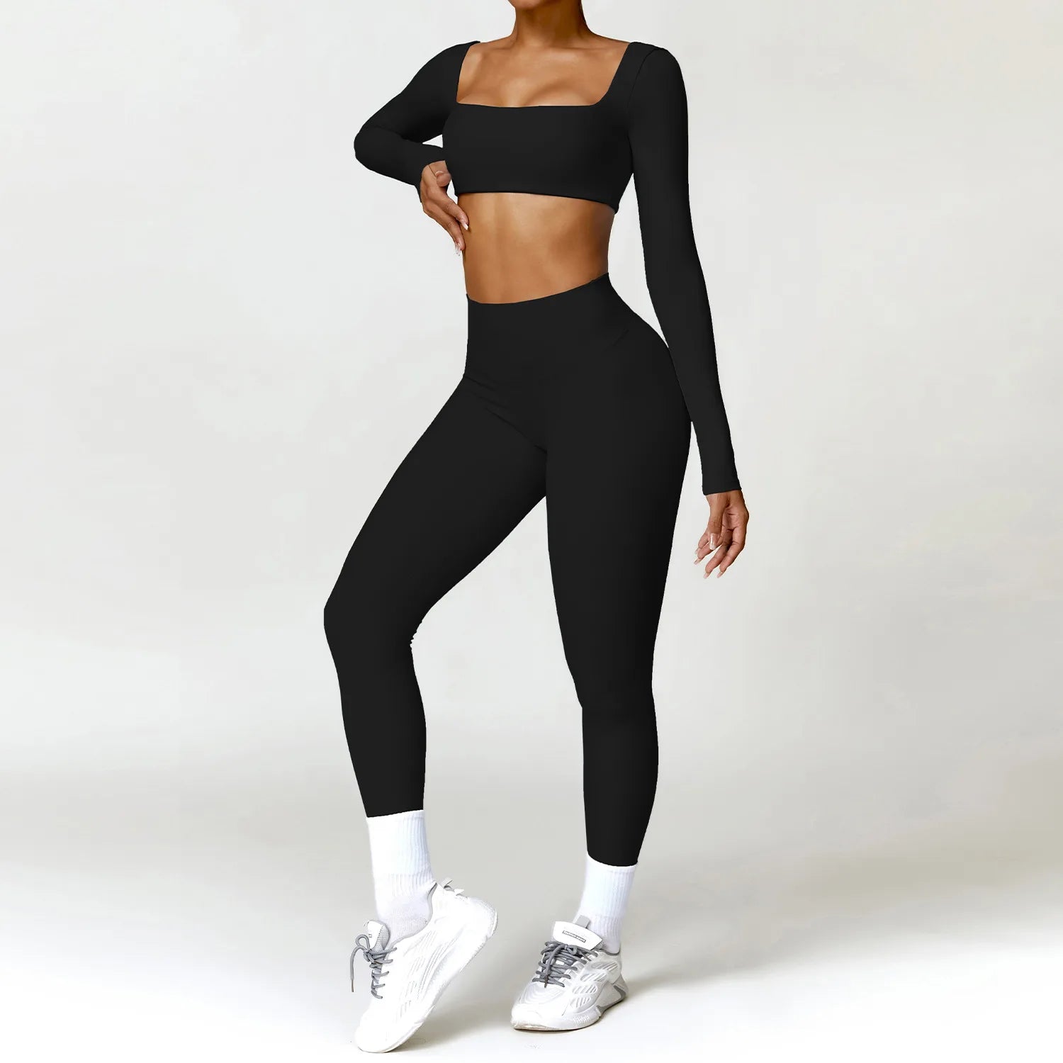 SheVogue 2PCS Women's Tracksuit Yoga Set – Long Sleeve Crop Top & High-Waist Leggings