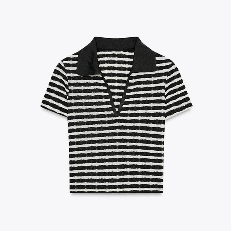 2025 Elegant Striped Knit Two-Piece Set for Women – V-Neck Short Sleeve Top & Wide Leg Drawstring Pants