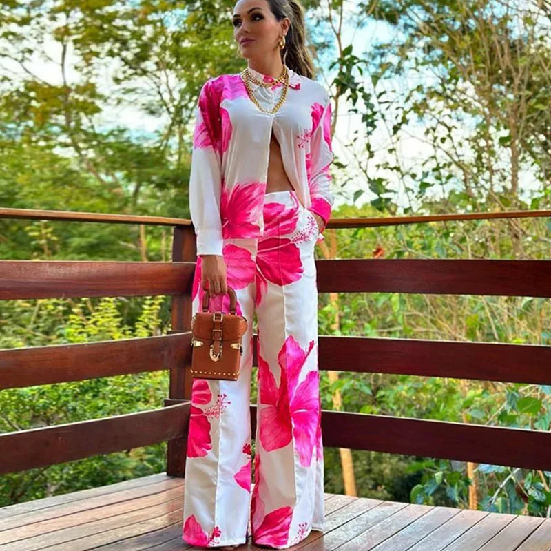 SheVogue 2PCS Floral Shirt & Wide-Leg Pants Set – Casual Office Look for Women