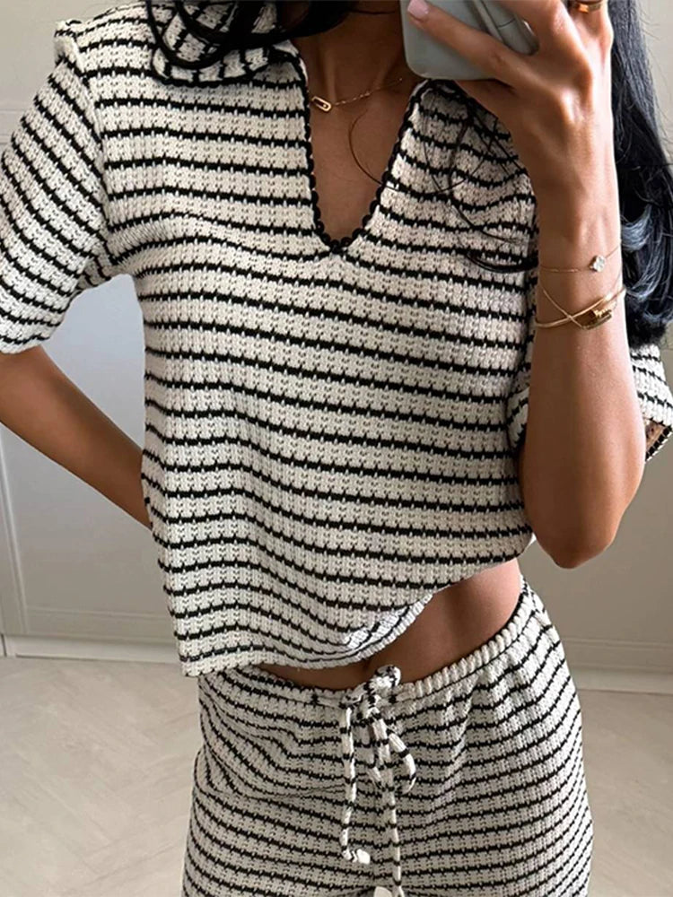 2025 Elegant Striped Knit Two-Piece Set for Women – V-Neck Short Sleeve Top & Wide Leg Drawstring Pants
