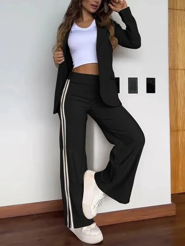 SheVogue 2PCS Elegant Office Set – Open Front Blazer & Striped Side-Slit Trousers