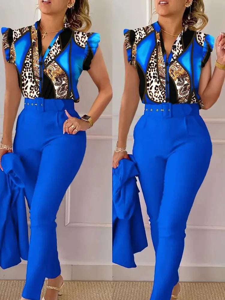 SheVogue Floral V-Neck Blazer Set – Elegant 2-Piece Summer Office Outfit for Women