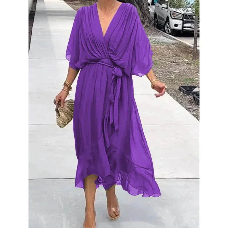 "SheVogue Premium Crossover Deep V Neck Dress | Elegant Bat Sleeve with Sheer Mesh Hem Long Gown – Chic for Office & Casual"