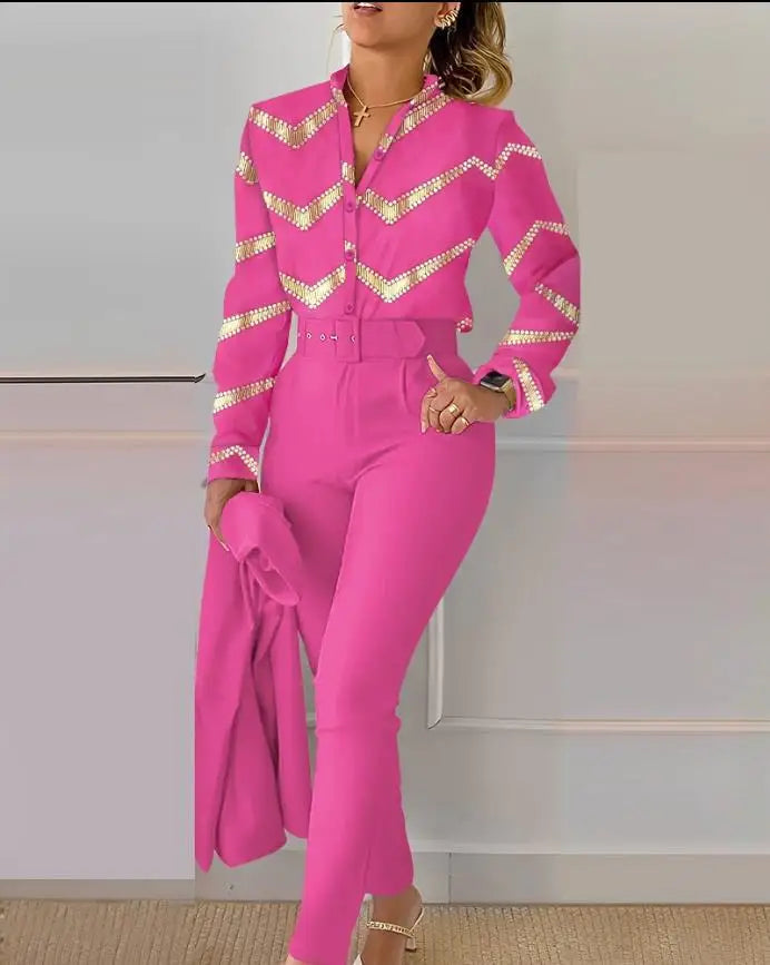 SheVogue 2PCS Floral Office Set – V-Neck Long Sleeve Shirt & Printed Trousers