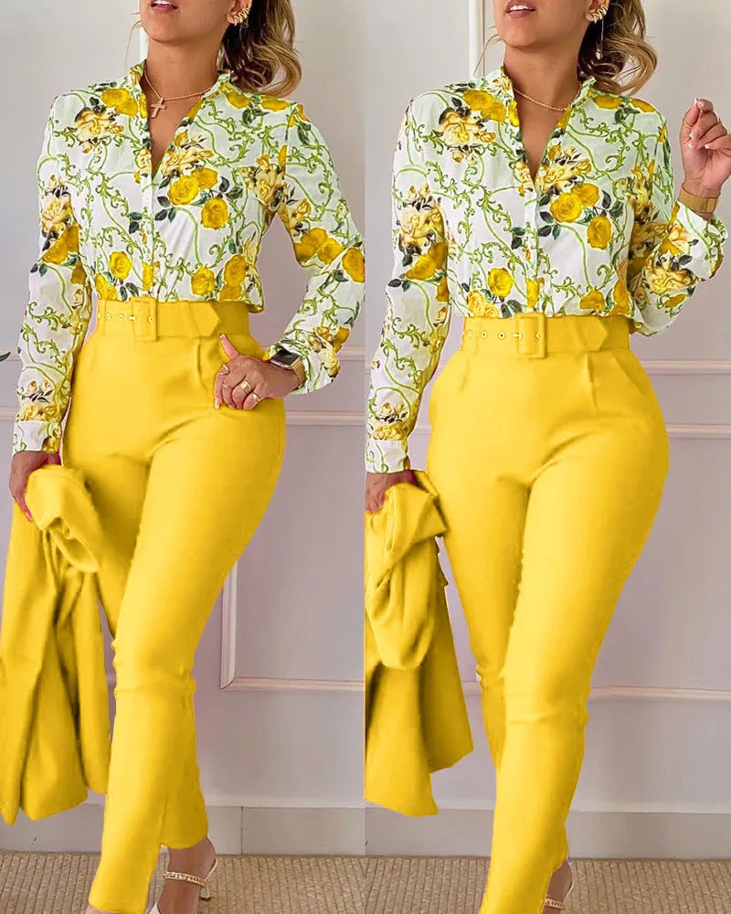 SheVogue 2PCS Floral Office Set – V-Neck Long Sleeve Shirt & Printed Trousers