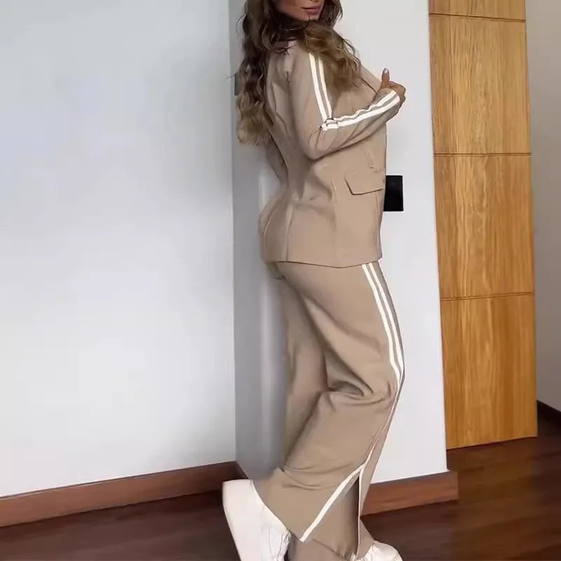 SheVogue 2PCS Elegant Office Set – Open Front Blazer & Striped Side-Slit Trousers