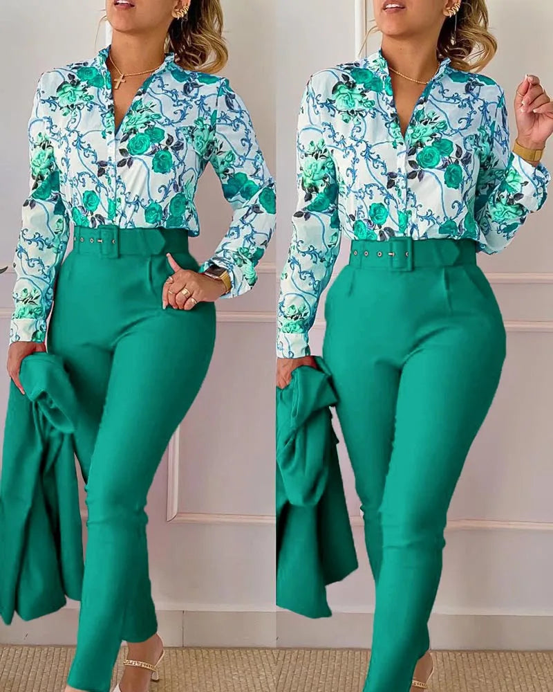 SheVogue 2PCS Floral Office Set – V-Neck Long Sleeve Shirt & Printed Trousers