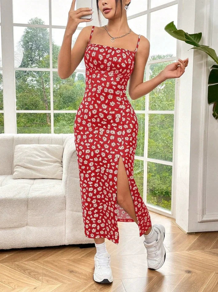 SheVogue Fall 2025 – Strapless High Slit Leopard & Daisy Print Maxi Dress