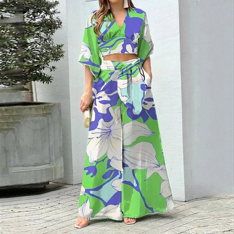 SheVogue 2PCS Vacation Set – V-Neck Lantern Sleeve Top & Lace-Up Floral Pants