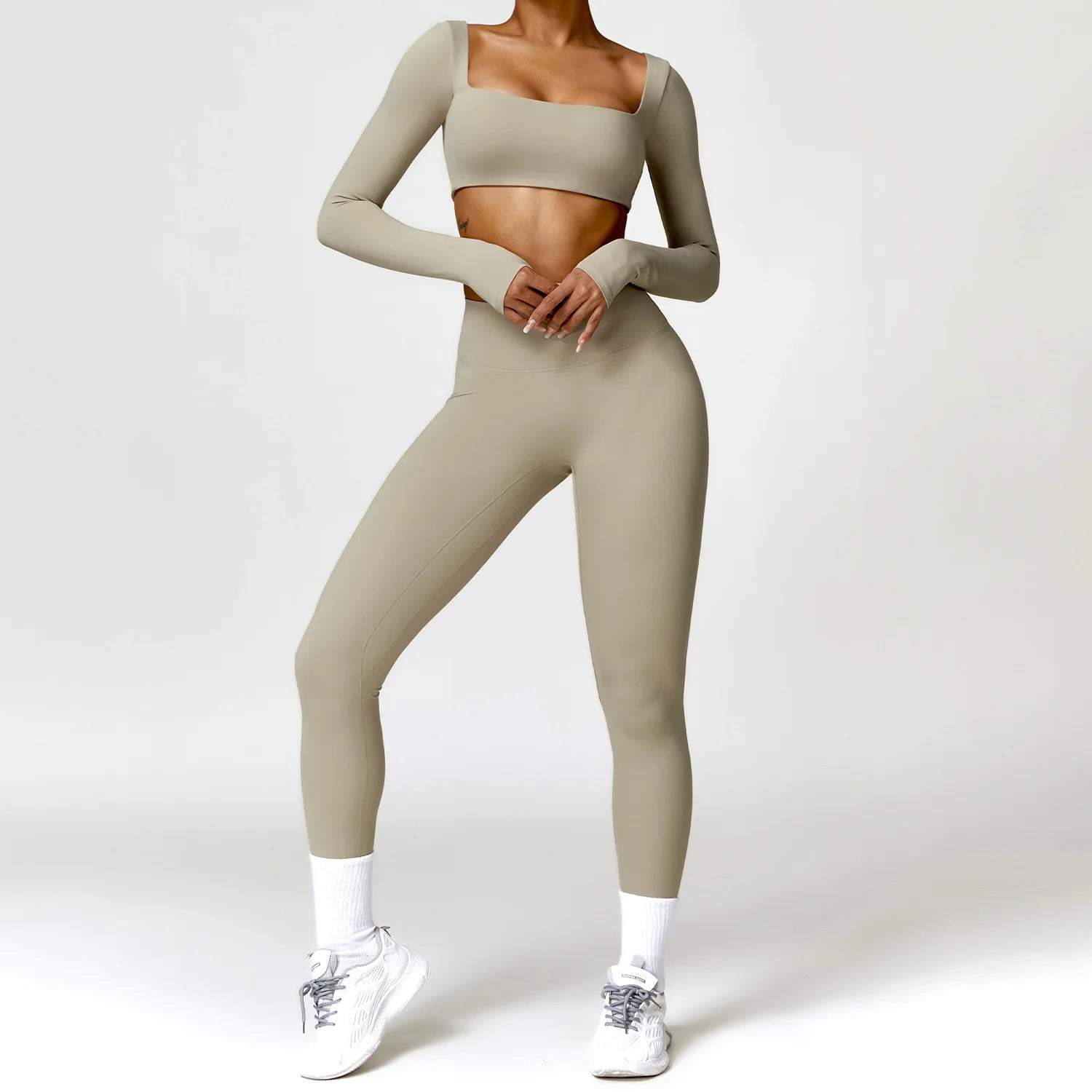 SheVogue 2PCS Women's Tracksuit Yoga Set – Long Sleeve Crop Top & High-Waist Leggings