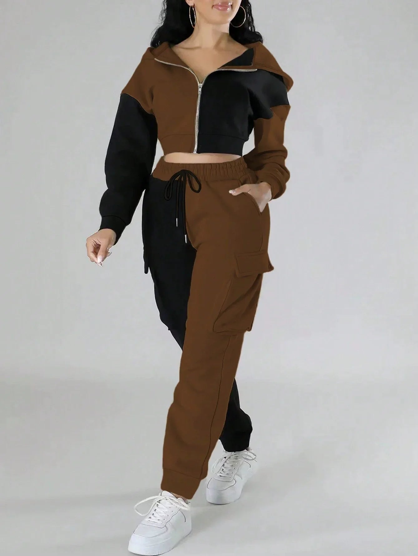 SheVogue Loose Two-Piece Hoodie and Cargo Pants Set – Autumn Winter Casual Tracksuit for Women