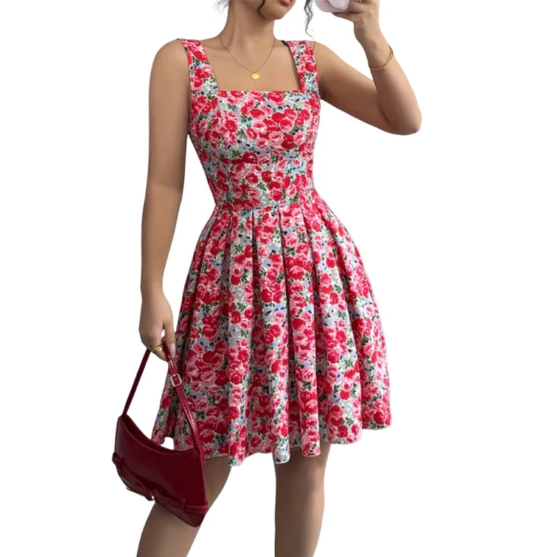 SheVogue Summer 2025 – Retro Printed Slim Pleated Mini Dress