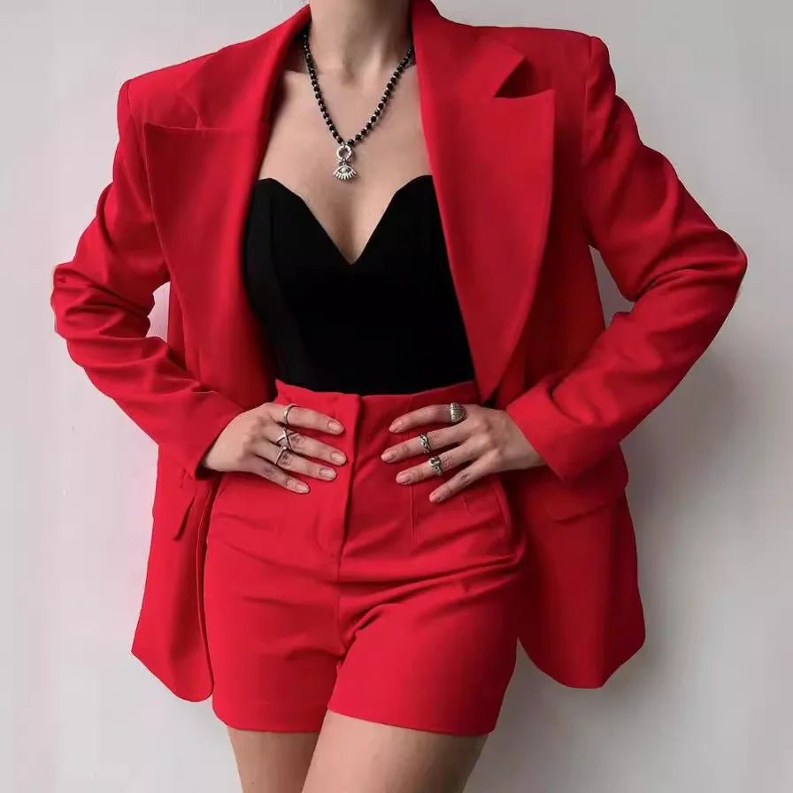 SheVogue 2PCS Office Lady Shorts Set – One-Button Blazer & Zipper Shorts