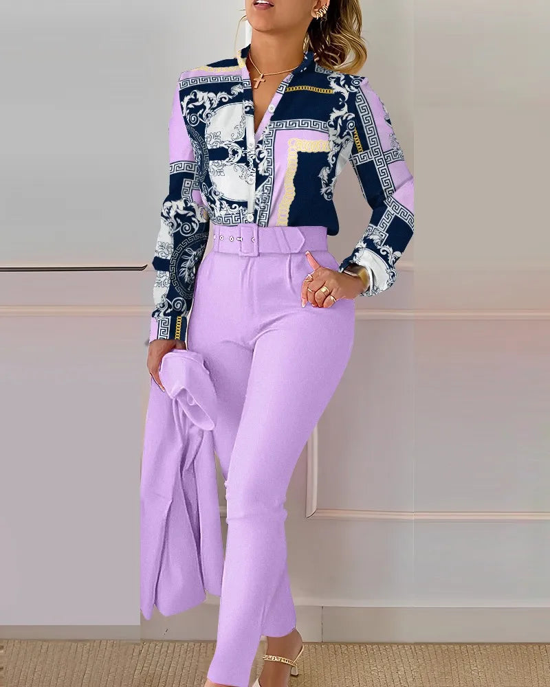SheVogue 2PCS Floral Office Set – V-Neck Long Sleeve Shirt & Printed Trousers