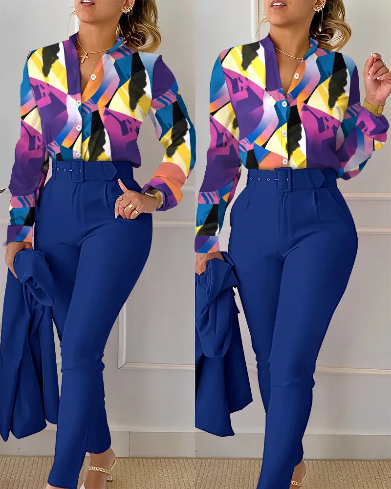 SheVogue 2PCS Floral Office Set – V-Neck Long Sleeve Shirt & Printed Trousers