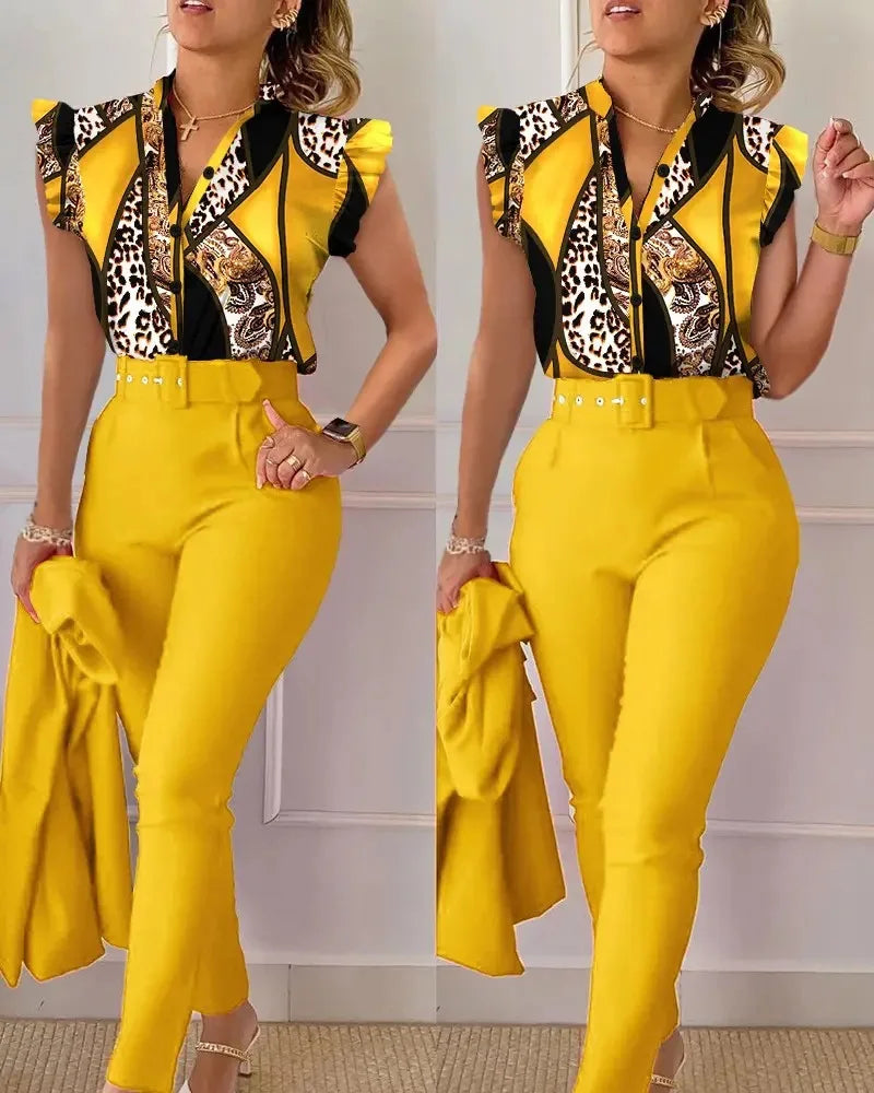 SheVogue Floral V-Neck Blazer Set – Elegant 2-Piece Summer Office Outfit for Women
