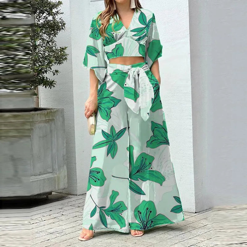 SheVogue 2PCS Vacation Set – V-Neck Lantern Sleeve Top & Lace-Up Floral Pants