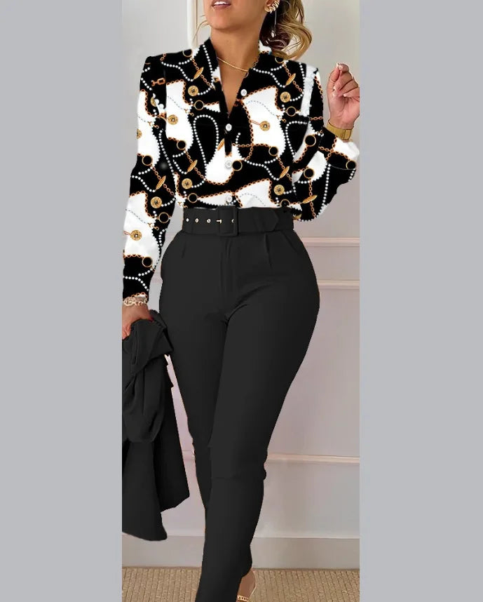 SheVogue 2PCS Floral Office Set – V-Neck Long Sleeve Shirt & Printed Trousers