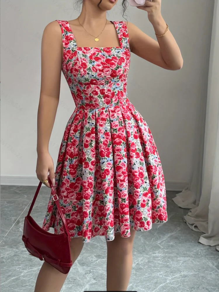 SheVogue Summer 2025 – Retro Printed Slim Pleated Mini Dress