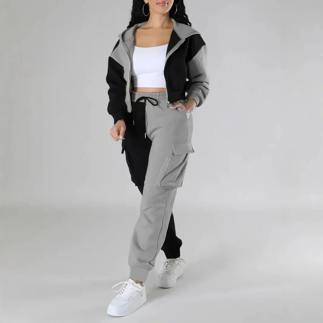 SheVogue Loose Two-Piece Hoodie and Cargo Pants Set – Autumn Winter Casual Tracksuit for Women