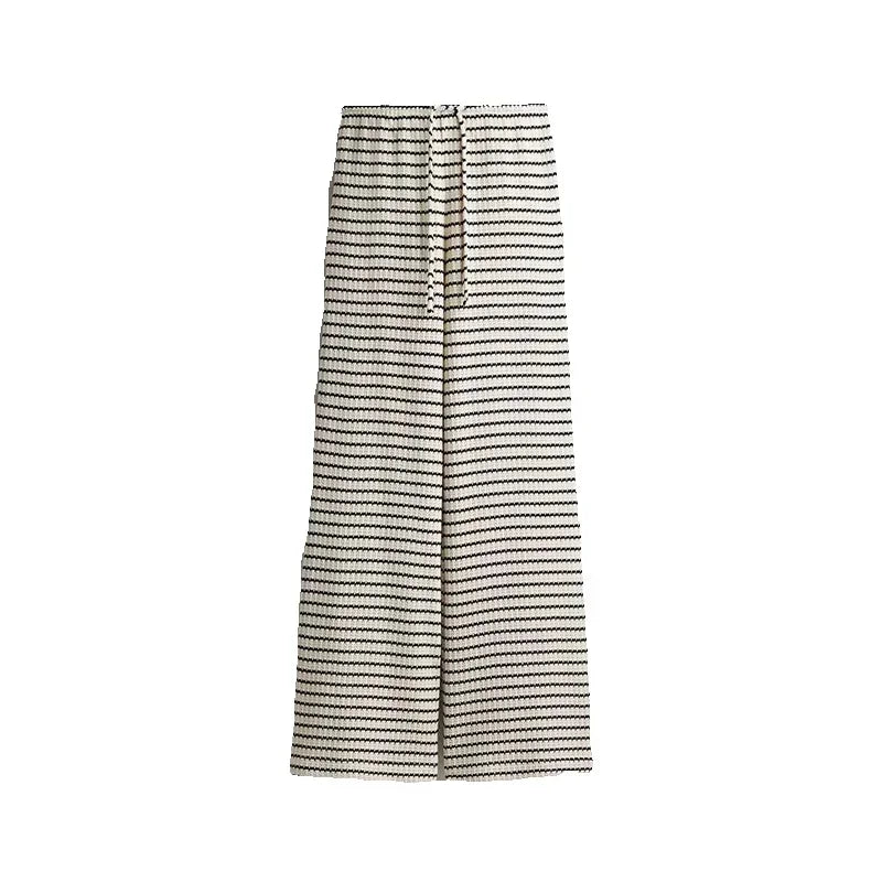 2025 Elegant Striped Knit Two-Piece Set for Women – V-Neck Short Sleeve Top & Wide Leg Drawstring Pants