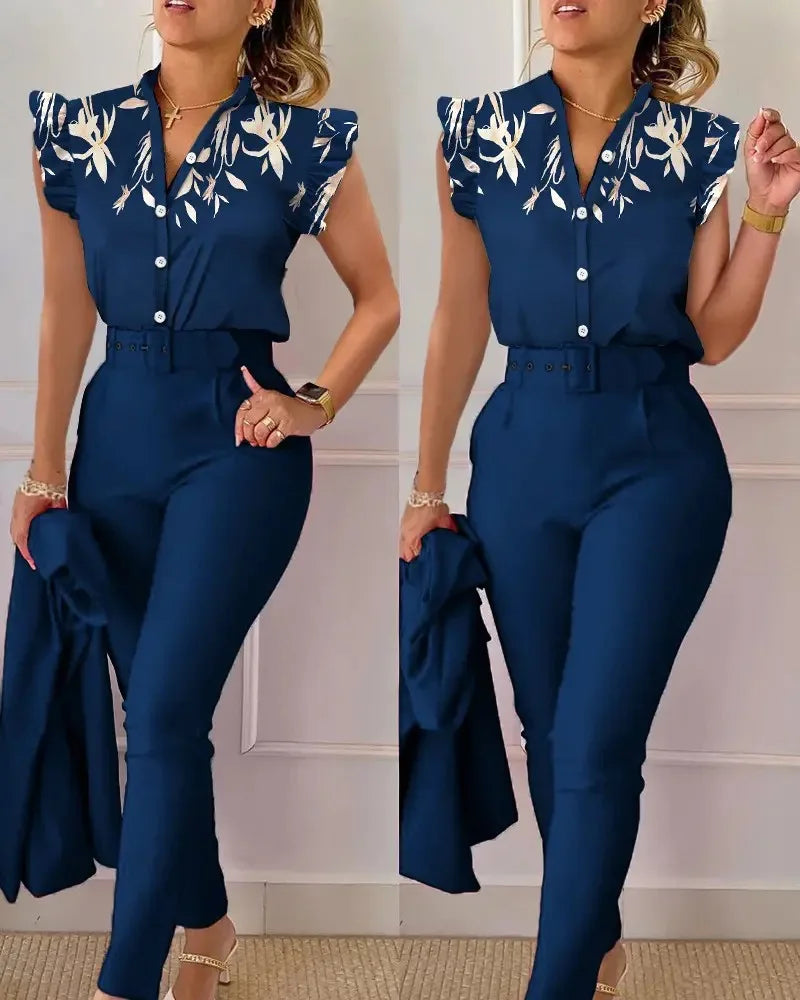 SheVogue Floral V-Neck Blazer Set – Elegant 2-Piece Summer Office Outfit for Women