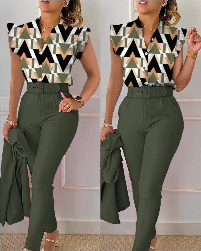 SheVogue Floral V-Neck Blazer Set – Elegant 2-Piece Summer Office Outfit for Women