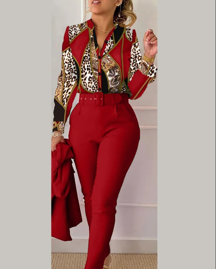SheVogue 2PCS Floral Office Set – V-Neck Long Sleeve Shirt & Printed Trousers