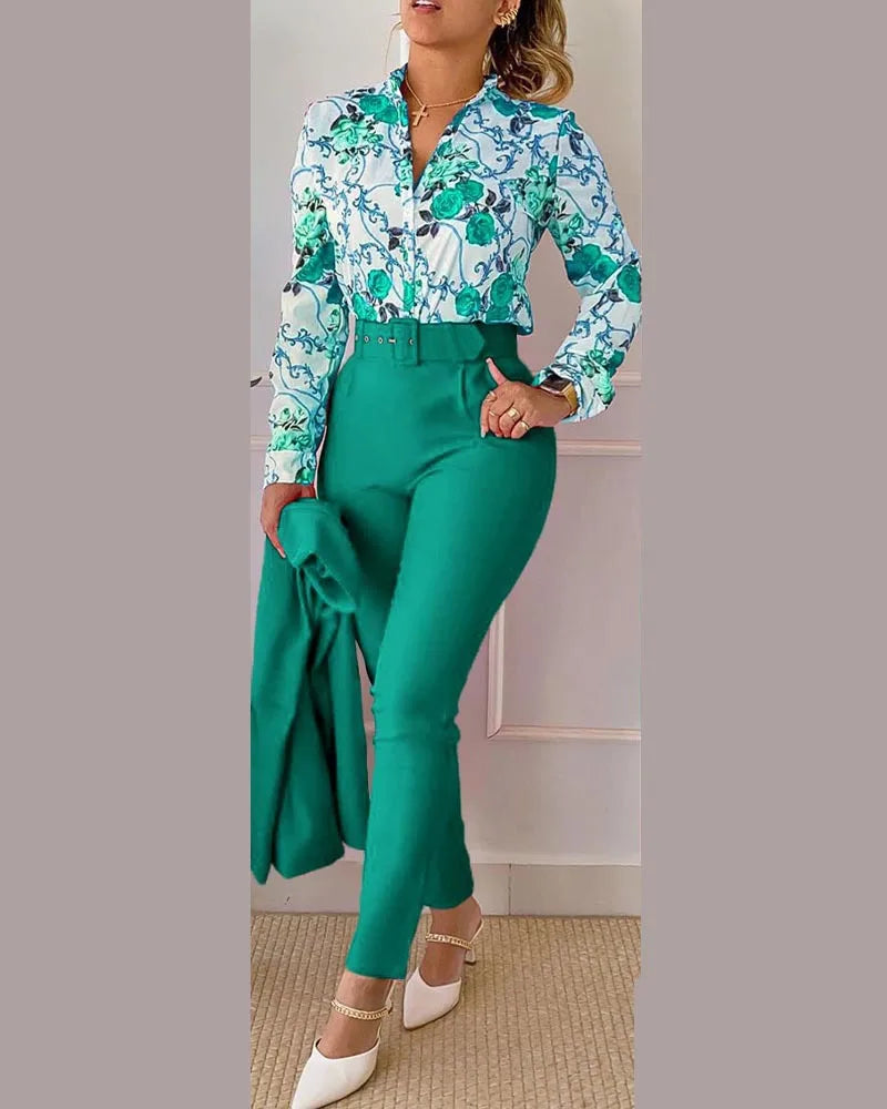 SheVogue 2PCS Floral Office Set – V-Neck Long Sleeve Shirt & Printed Trousers