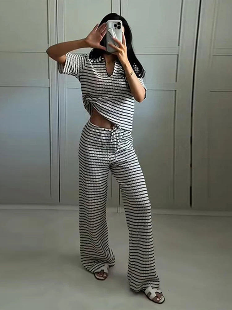 2025 Elegant Striped Knit Two-Piece Set for Women – V-Neck Short Sleeve Top & Wide Leg Drawstring Pants