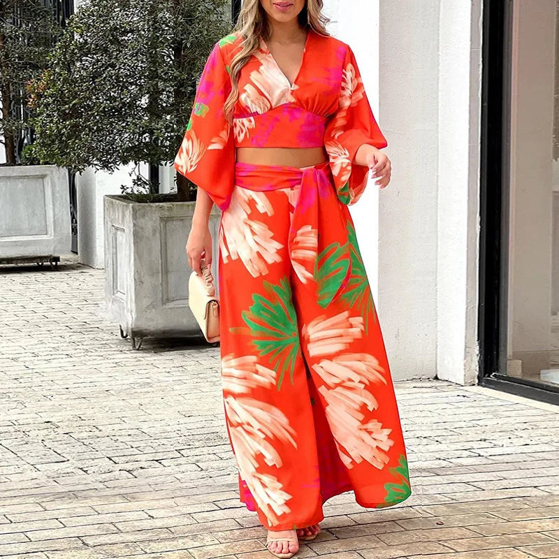 SheVogue 2PCS Vacation Set – V-Neck Lantern Sleeve Top & Lace-Up Floral Pants