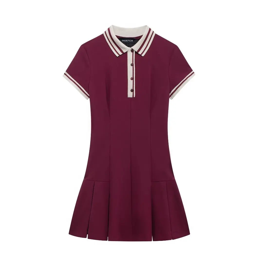 Shevogue 2025 Ribbed Lapel Dress - Burgundy Angola Red Campus Dress | Spring Summer Contrast Button Design"