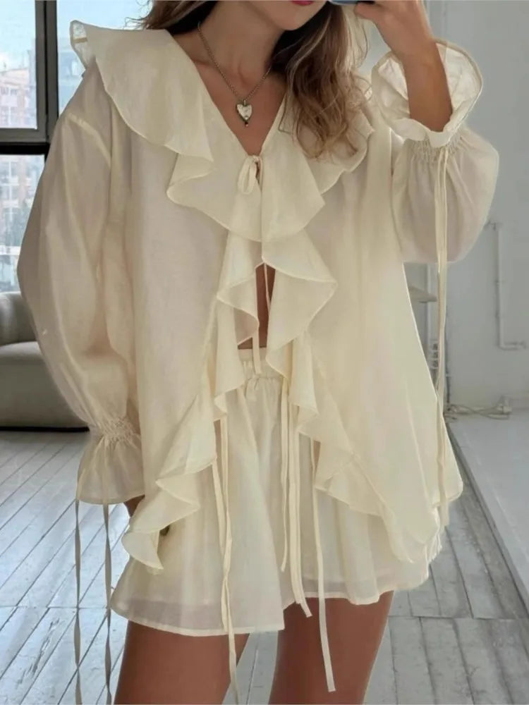 2025 French Style 2-Piece Set for Women – Flare Sleeve Lace-Up Blouse & Sheer Mesh Shorts with Ruffle Hem