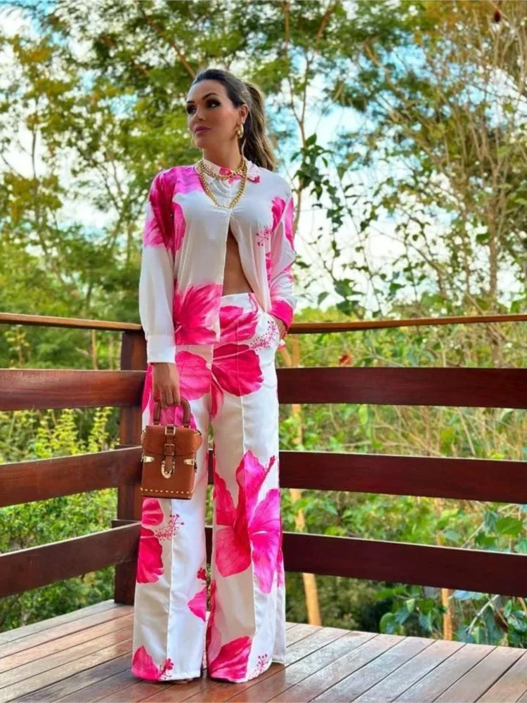 SheVogue 2PCS Floral Shirt & Wide-Leg Pants Set – Casual Office Look for Women