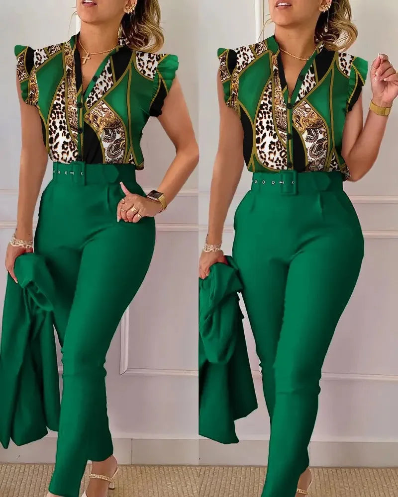 SheVogue Floral V-Neck Blazer Set – Elegant 2-Piece Summer Office Outfit for Women