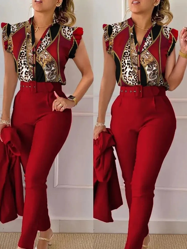 SheVogue Floral V-Neck Blazer Set – Elegant 2-Piece Summer Office Outfit for Women