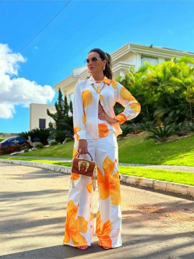 SheVogue 2PCS Floral Shirt & Wide-Leg Pants Set – Casual Office Look for Women