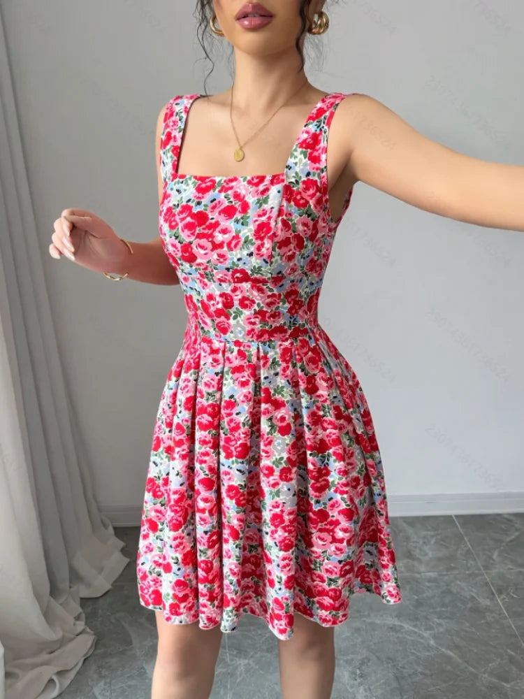 SheVogue Summer 2025 – Retro Printed Slim Pleated Mini Dress