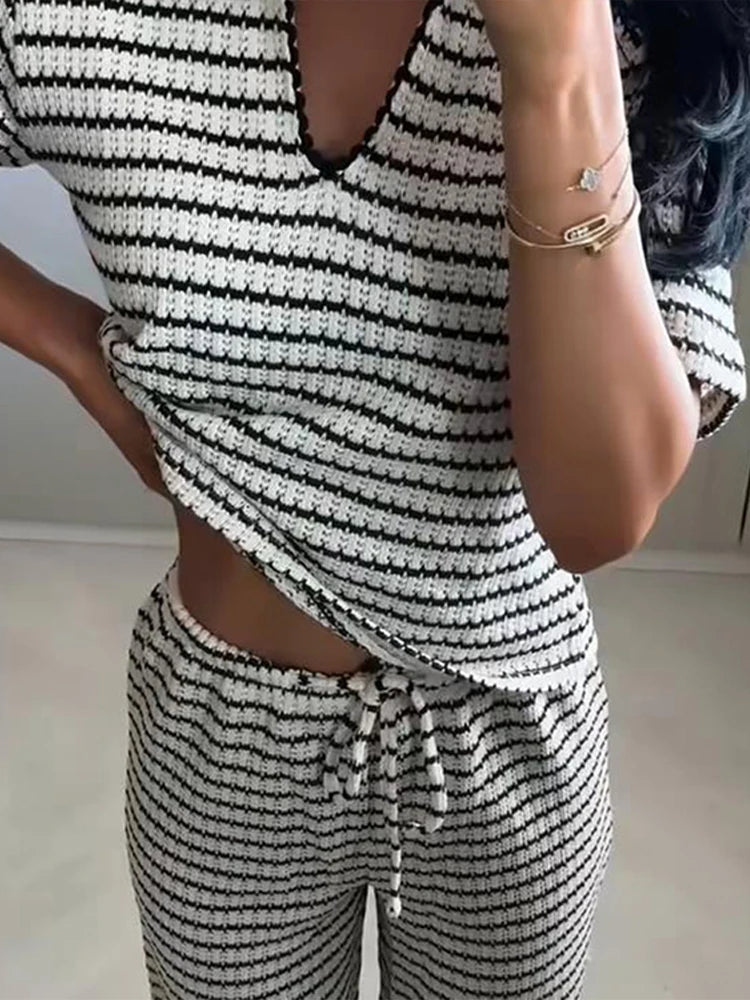 2025 Elegant Striped Knit Two-Piece Set for Women – V-Neck Short Sleeve Top & Wide Leg Drawstring Pants