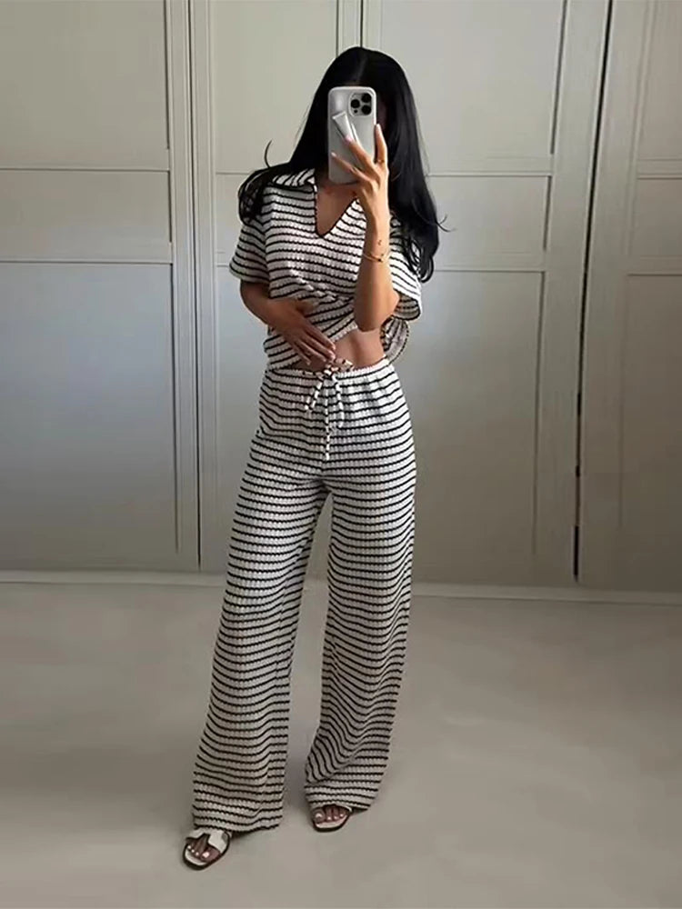 2025 Elegant Striped Knit Two-Piece Set for Women – V-Neck Short Sleeve Top & Wide Leg Drawstring Pants